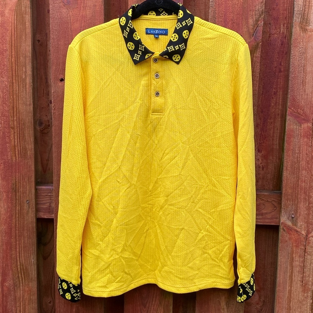 Men's Yellow Long-Sleeve Polo with Printed Black Collar Size M